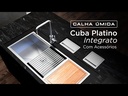 Brushed stainless steel kitchen sink with wooden cutting board