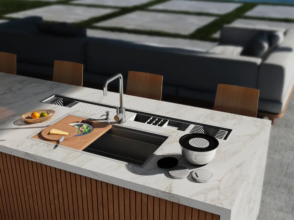 Workstation sink with wooden cutting board