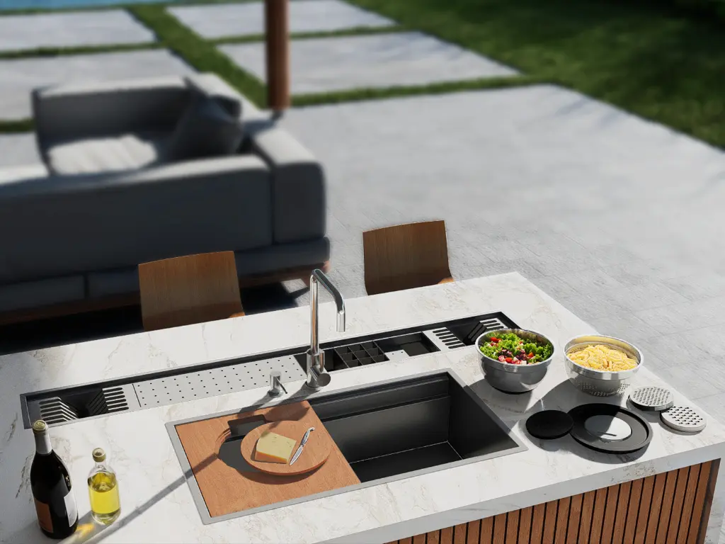 Workstation sink with wooden cutting board