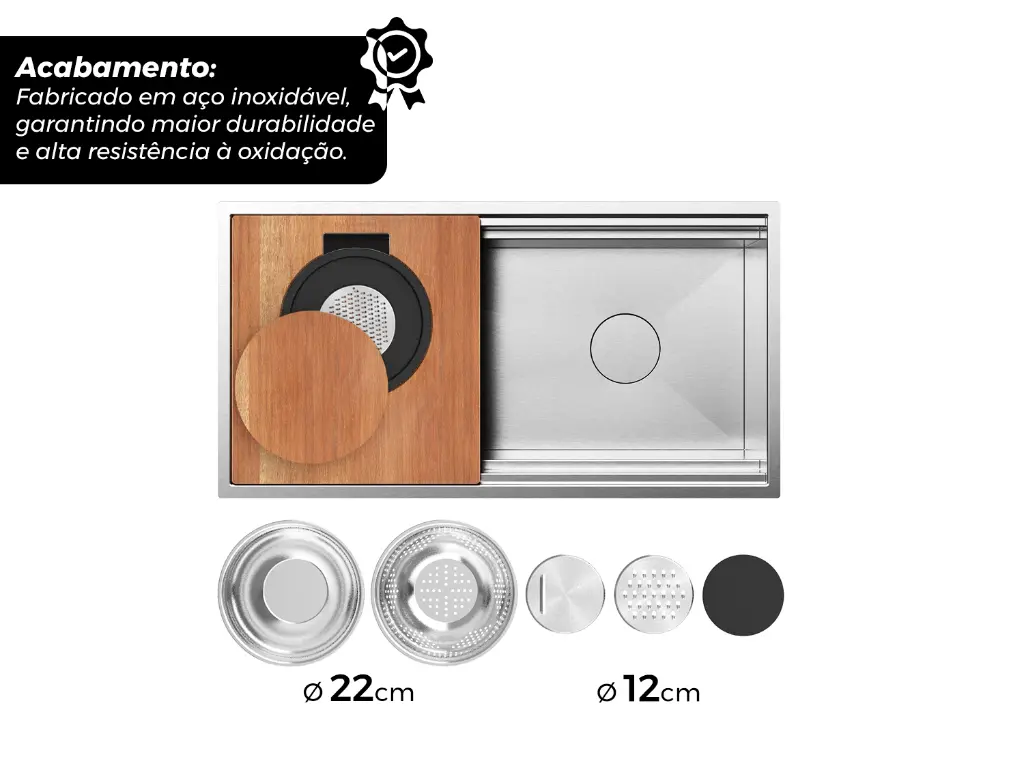 Workstation sink with wooden cutting board