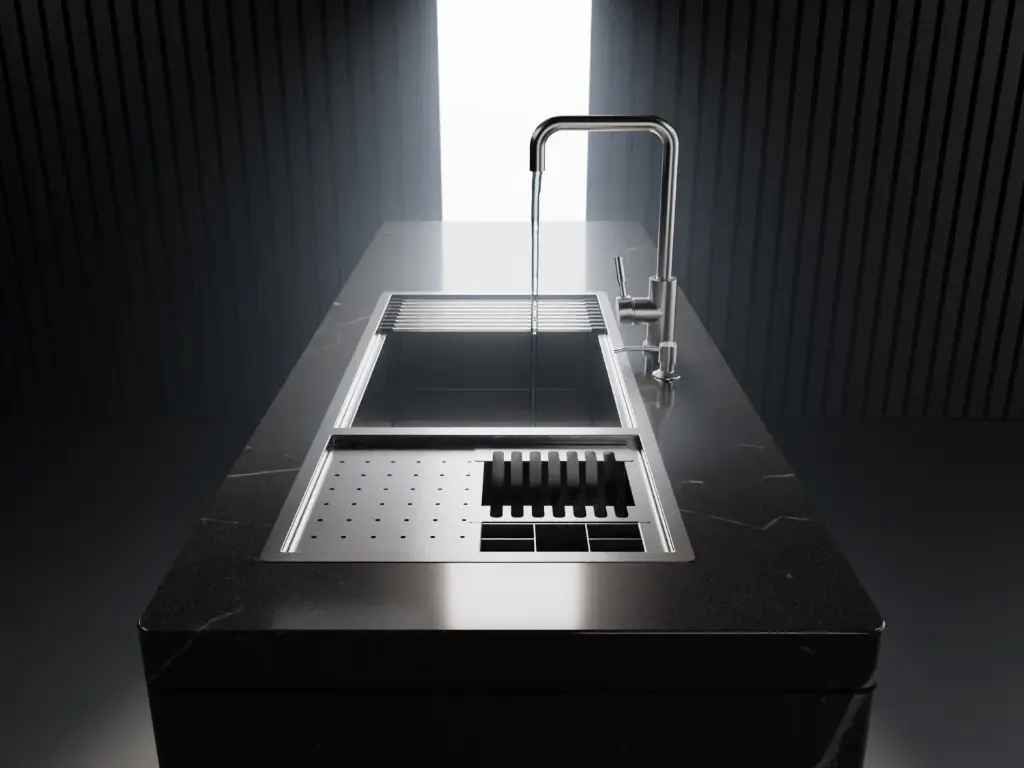 Brushed stainless steel kitchen sink with wooden cutting board