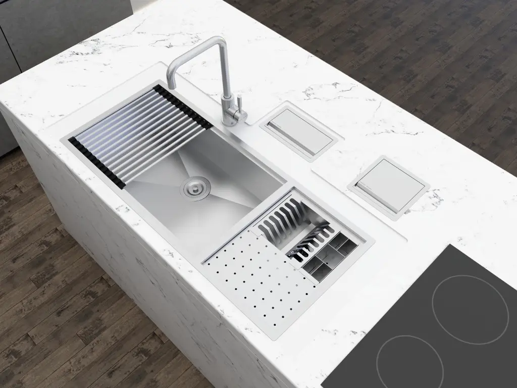 Brushed stainless steel kitchen sink with wooden cutting board