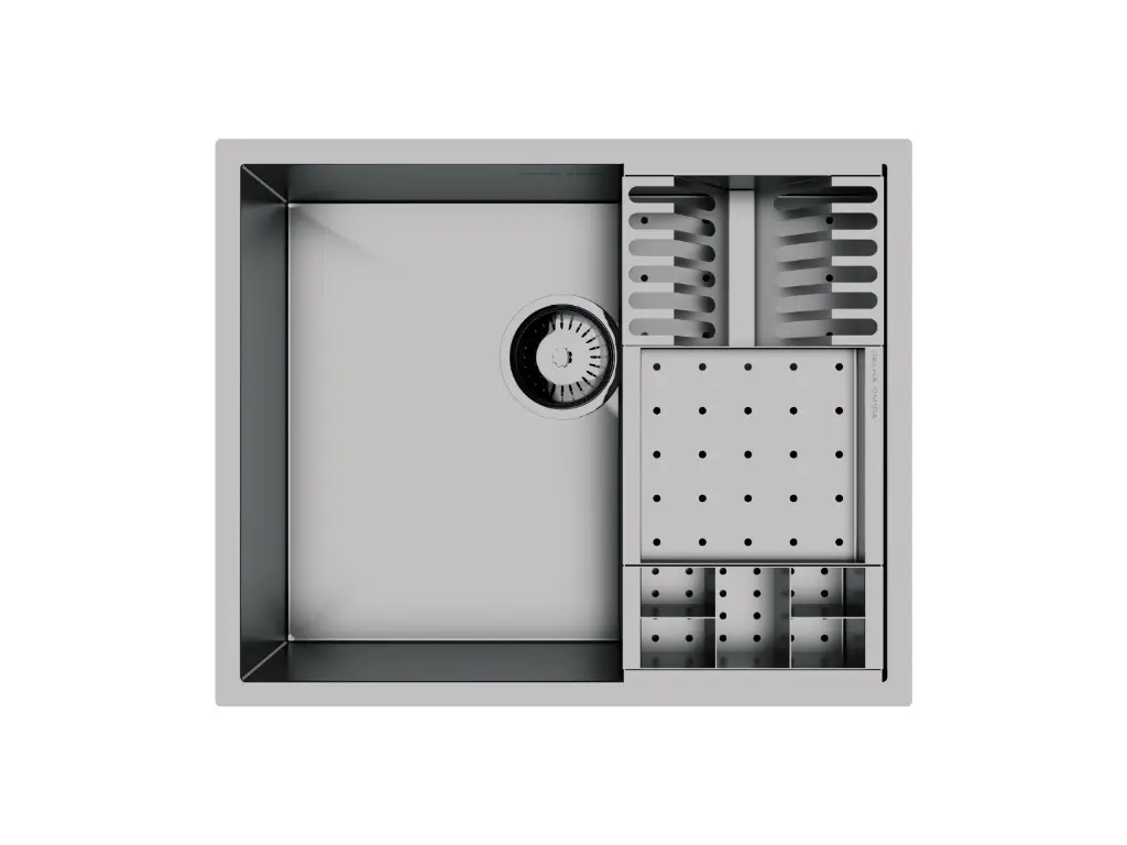 [4446] Cuba De Sobrepor Quadratta 50x40cm Em Aço Inox Escovado c Cesto Escorredor 3 Módulos e Válvula De Ø4.1/2"
