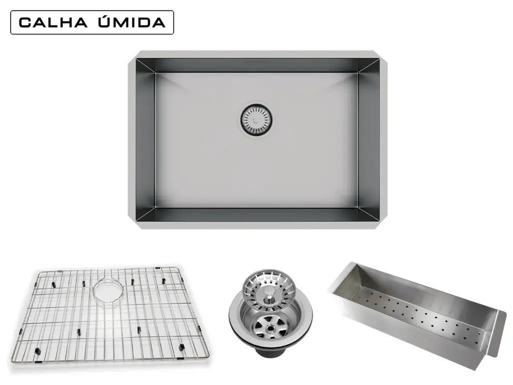 Cuba De Embutir Quadratta 60x40cm Em Aço Inox Escovado c Escorredor + Grade Aramada e Válvula De Ø4.1/2"