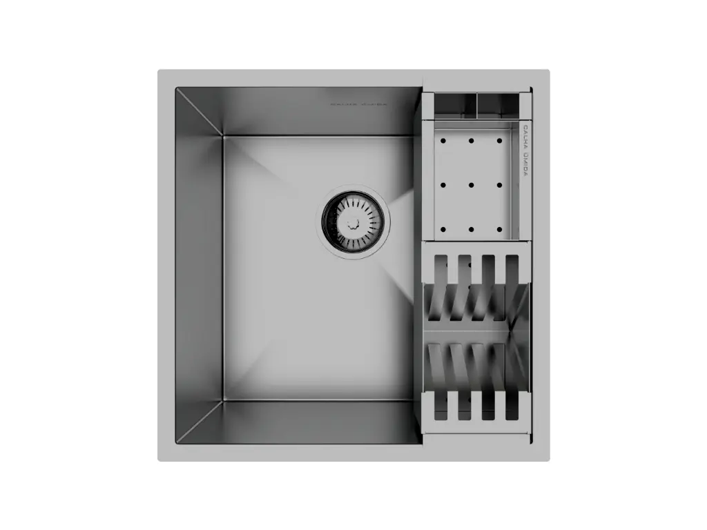 [3867] Cuba De Sobrepor Quadratta 40x40cm Em Aço Inox Escovado c Cesto Escorredor Mini 3 Módulos 42,3x12cm e Válvula De Ø3.1/2"