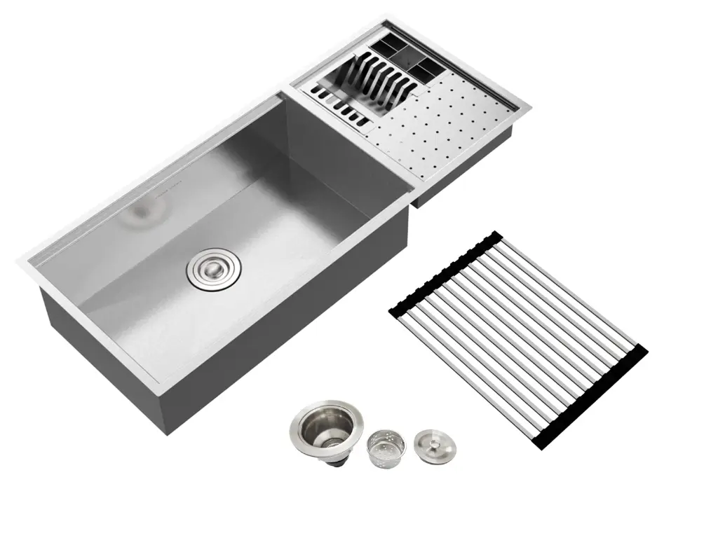 [4332] Cuba Platino Integrato Ld 103,7x44cm Em Aço Inox Escovado c Tabua De Corte + Esteira e Válvula de Ø4.1/2"